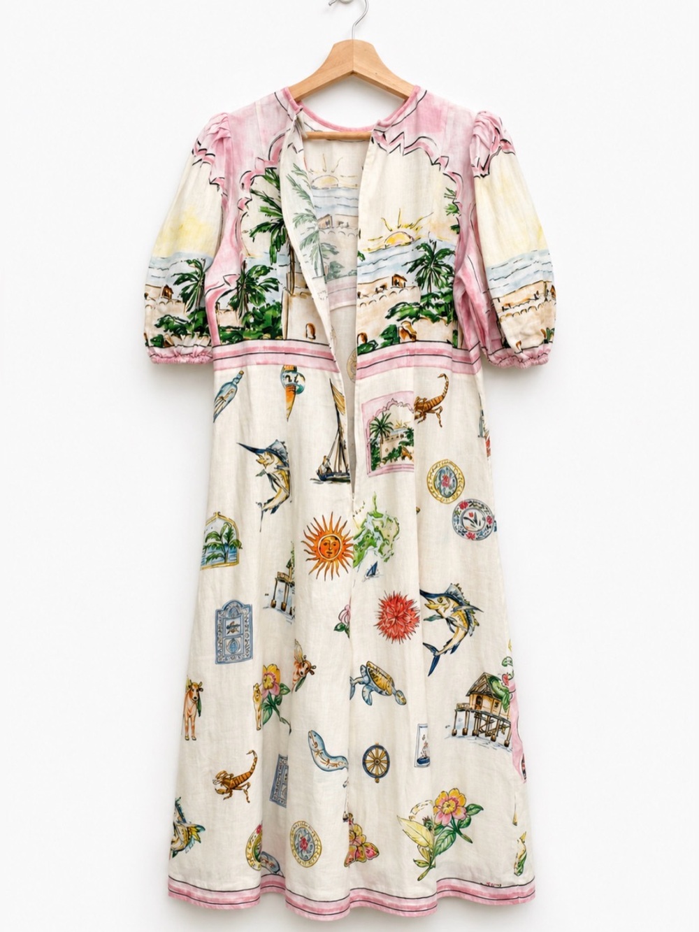 ALEMAIS Sunset Puff-Sleeve Printed Linen Midi Dress 6 - Picture 5 of 7